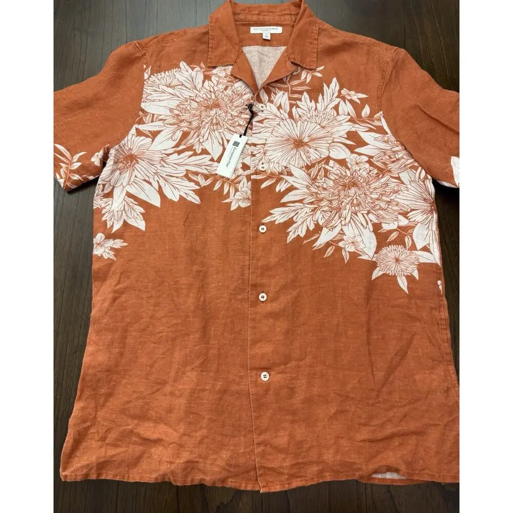 NEW Banana Republic Mens Medium Tall Linen Shirt Orange Floral Resort NWT $90